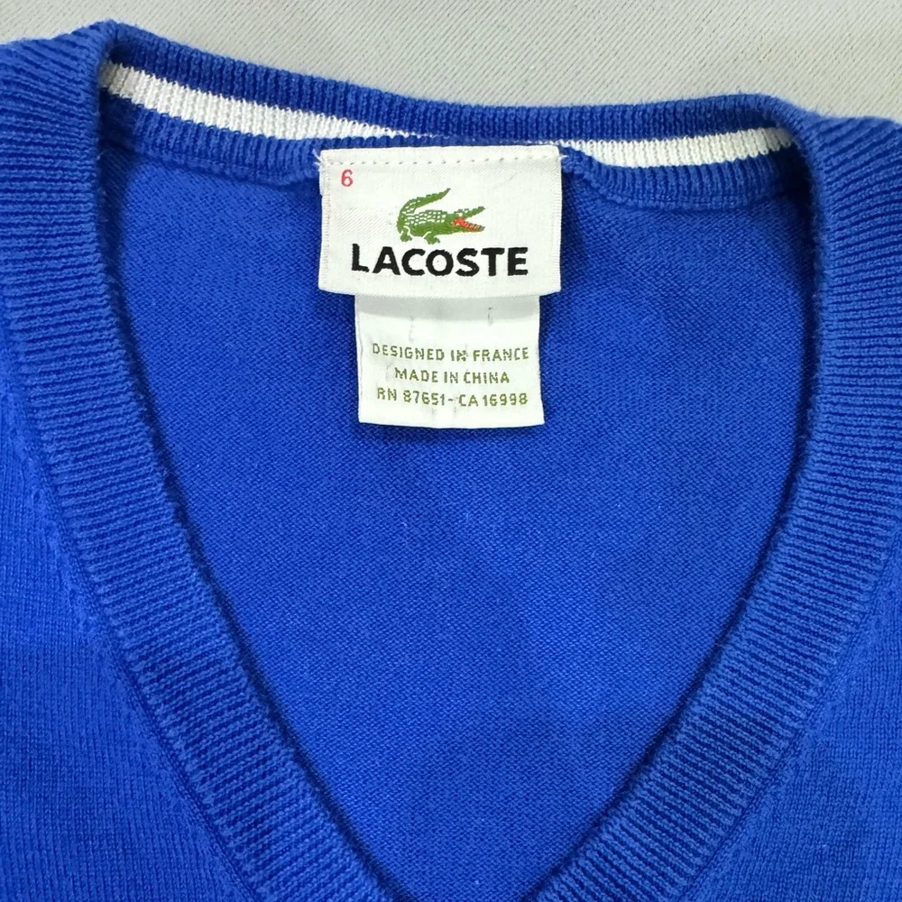 Lacoste Classic V-Neck Cotton Sweater | Size 6 (FR 44) | Iconic Blue 🐊